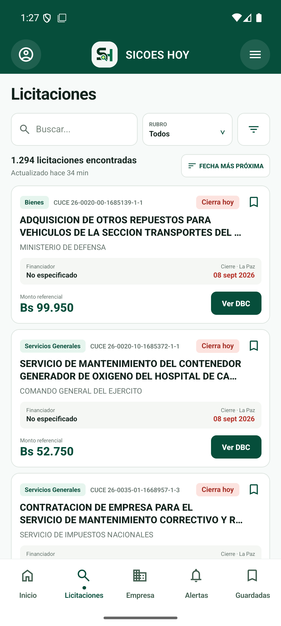Buscador de licitaciones de SICOES HOY en celular